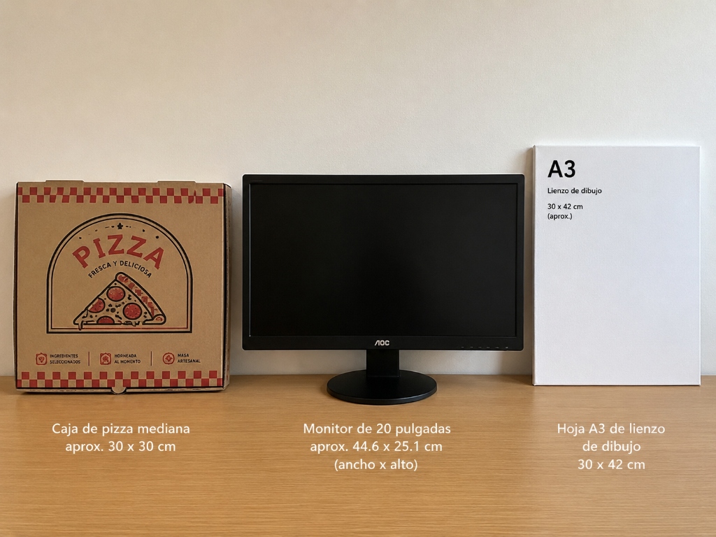 Proporción real tamaño A3 comparado con monitor y caja de pizza